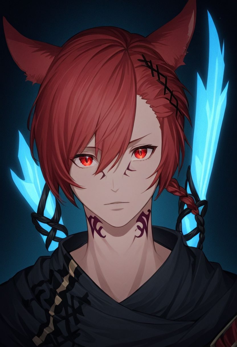grahatiaffxivdsk, 1boy, male focus, solo, animal ears, red eyes, red hair, tattoo, miqo'te, neck tattoo, cat ears, looking at viewer, hair between eyes, facial mark, hair ornament, x hair ornament, bangs, holding, glowing, slit pupils, braid, short hair, portrait, jewelry, short ponytail, cinematic angle, cinematic lighting, best anatomy, official art, masterpiece, best quality