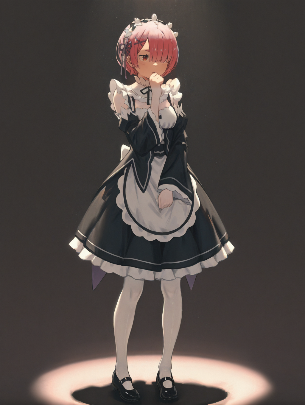 perfect quality,high quality,masterpiece,best quality,amazing quality,very aesthetic,absurdres,Cinematic Lighting,newest,Tactical use of shadow,
front view,full_shot,Sincere laughter,
RAMCYQL,1girl,solo,short hair,bangs,pink hair,hair over one eye,red eyes,hair ornament,x hair ornament,maid headdress,ribbon,hair ribbon,purple ribbon,maid,roswaal mansion maid uniform,black dress,detached sleeves,long sleeves,apron,waist apron,white apron,frills,pantyhose,white pantyhose,mary janes,black footwear,cleavage,
full body,standing,hand_to_mouth,,
brown background,simple background,
<lora:spo_sdxl_10ep_4k-data_lora_webui>,<lora:NOOB_EPSv1_1_detailer_by_vlnvk_v1_0>,<lora:shiej007>,,<lora:RAMCYQL:1>,