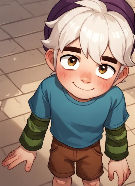 score_9, score_8_up, score_7_up, 1boy, <lora:bs_gus:1> bsgus ,green sleeves , aged down, blue shirt ,brown shorts , white hair ,Striped sleeves ,purple headwear , looking at viewer, <lora:PossumMachine:1>posmach , from above, smile , closed mouth, , blush,