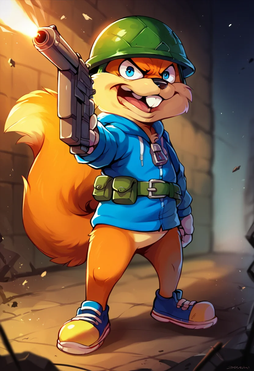 score_9, score_8_up, score_7_up, score_6_up, source_furry, solo, dof, full-length portrait, blurred background, dark background, battlefield background, warzone, <lora:CHARACTER_CONKER:1> conker, blue hoodie, green helmet, holding guns, ammo belt, muzzle flash, shooting, crazy expression