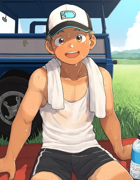 masterpiece, eeroku-style, outdoors, rice field, pickup truck, 1boy, solo, muscular, tan, brown hair, brown eyes, white tank top, black shorts, sitting, towel around neck, baseball cap, holding water bottle, looking at viewer, open mouth, smile, sweat <lora:a6_naiXL_v1Nb-ShoAI:1>