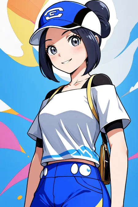2d, masterpiece, best quality, amazing quality, 1girl, solo, standing, smile, upper body, arms at sides, looking at viewer, simple background, colorful background, color splashes, pkbettie, black hair, grey eyes, short hair, sidelocks, bangs, hair bun, baseball cap, blue headwear, white shirt, collarbone, black undershirt, short sleeves, off-shoulder shirt, high-waist shorts, blue shorts, black leggings, leggings under shorts, score_9, score_8_up, score_7_up,source_anime
