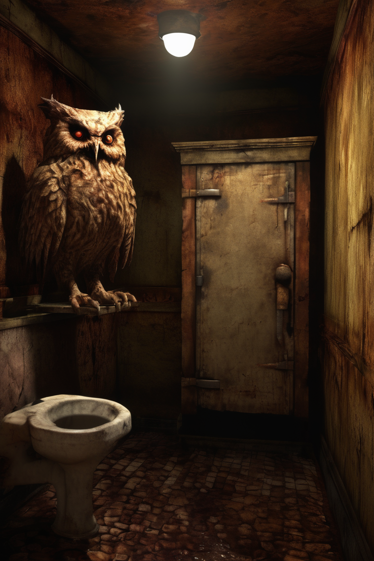 silent hill style,  Perfect global lighting, photo of a ultra reaslistic and terrorifyng monster, in a ancient washroom, sinister environment, (ultra-detailed aspect), (Ultra realistic), owl mosnter, horror style<lora:silent_hill_xl:1>