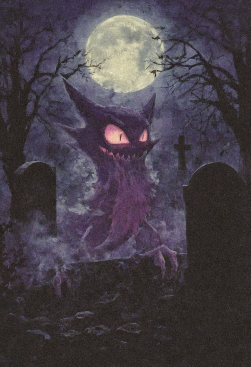 In a dark and grim graveyard, Haunter_Pokemon, pokemon \(creature\), haunter pokemon floating up over gravestones, haunter glows with an eerie purple lights, haunter looks decayed and terrifying, haunters eyes and mouth glow. Several other eerie lights hover and glow in the graveyard, as pale moonlight shines dimly behind the nighttime clouds and mist. Everything is limited color, detailed and haunting in this creepy, gothic scene.