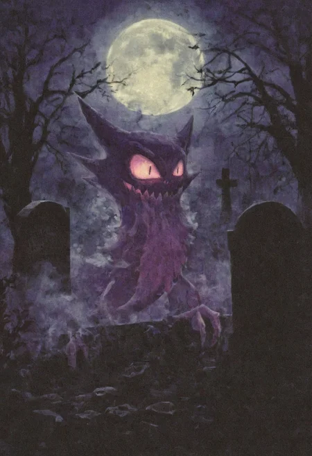 In a dark and grim graveyard, Haunter_Pokemon, pokemon \(creature\), haunter pokemon floating up over gravestones, haunter glows with an eerie purple lights, haunter looks decayed and terrifying, haunters eyes and mouth glow. Several other eerie lights hover and glow in the graveyard, as pale moonlight shines dimly behind the nighttime clouds and mist. Everything is limited color, detailed and haunting in this creepy, gothic scene.
