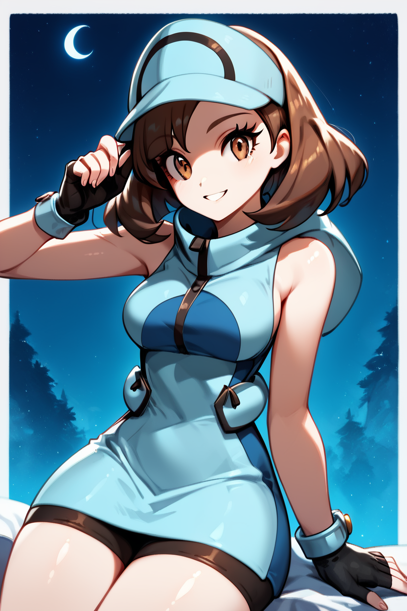 score_9, score_8_up, score_8, medium breasts, (curvy), cute, eyelashes,      ,  zzAceSM, brown eyes, brown hair, medium hair, visor cap, fingerless gloves, sleeveless, hat, black gloves, bike shorts, blue headwear,  ,  <lora:AceTrainerPokemonSM_PDXL:1.0>,  BREAK, ,,, upper body, smile, looking at viewer, ,,, shiny skin, <lora:ProAnime_PDXL_v1:0.8>, night, soft shadows, moonlight reflecting off skin, whisper of wind, ,,, embedding:zPDXL, Expressiveh, <lora:SDXLFaeTastic2400:0.5>, <lora:Expressive_H-000001:0.4>,