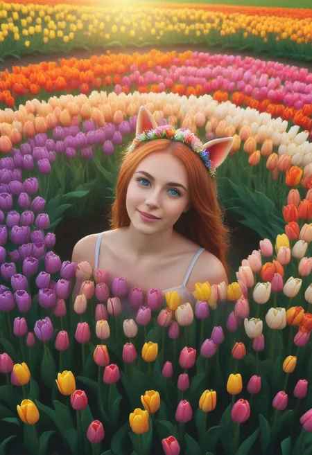 (umamusume, rhein_kraft_(umamusume), horse_ears, horse_girl, tail, 1girl, ahoge, animal_ears,)
casual, field, flower, flower_field, green_eyes, hair_between_eyes, hair_ornament,
head_wreath, looking_at_viewer, solo, aesthetic, absurdres, symmetric ,spiralling vortex made of multicoloured tulips, lush foliage sunrise, ripples, reflective, jaynl-tm, rainbow, , g0ldsw0rthy,
(realistic, photo, artistic, medium_hair, one_eye_closed, petals, relaxing, smile, : 0.7)