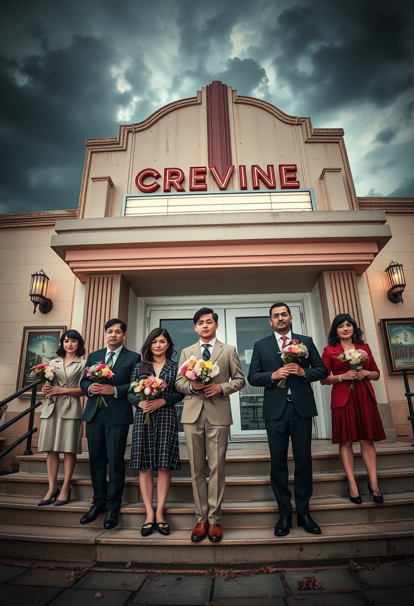 A group of sharply dressed strangers pose on the steps of an old cinema, each holding a bouquet of mismatched flowers under moody skies.
, cinematic romanticism, symmetrical composition, pastel color palette, retro fashion, narrative stillness, whimsical melancholy, dramatic lighting, vintage interiors, stylized figuration, narrative eccentricity, theatrical mise-en-scène, emotional restraint, romantic detachment, quirky elegance, painterly atmosphere, visual storytelling, nostalgic tone, mid-century aesthetic, detailed props, character-driven settings