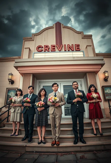 A group of sharply dressed strangers pose on the steps of an old cinema, each holding a bouquet of mismatched flowers under moody skies.
, cinematic romanticism, symmetrical composition, pastel color palette, retro fashion, narrative stillness, whimsical melancholy, dramatic lighting, vintage interiors, stylized figuration, narrative eccentricity, theatrical mise-en-scène, emotional restraint, romantic detachment, quirky elegance, painterly atmosphere, visual storytelling, nostalgic tone, mid-century aesthetic, detailed props, character-driven settings