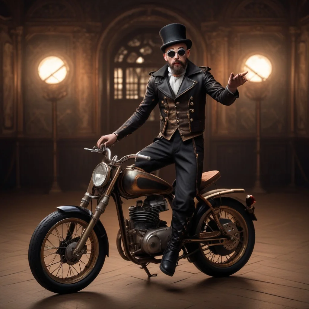 young man, mini-motorcyclist mime, shaved head and beard Finely detailed, evening, sneakers boots, elegant suit, waving, in a steampunk environment, looking at viewer, leather jacket , mini-motorcycle, solo, big glasses, headwear removed