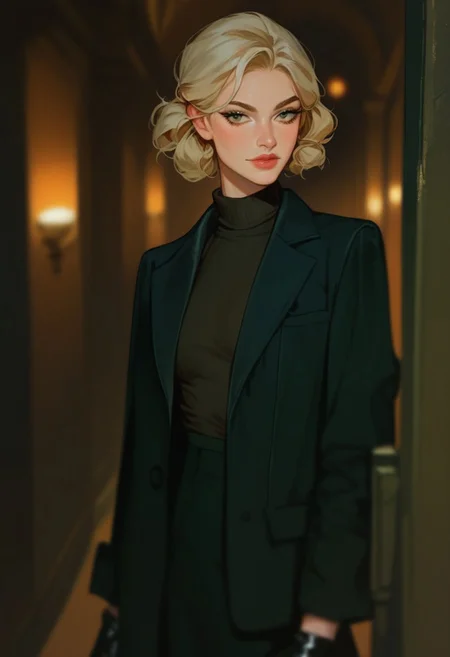 score_9, score_8_up, score_7_up, score_6_up, score_5_up, score_4_up,1girl, turtleneck sweater, black sweater, pale skin, semi-realism, medium breasts, tight clothes, dark narrow corridor, black latex gloves, formal suit, black suits, blonde hair, great artist, 8k, black formal jacket, shadows, cinematic scene, depth of field, long eyelashes, sharp eyebrows, sexy, seductive, Noise effect, old movie effect, old time, black eyeliner, 1980s style,