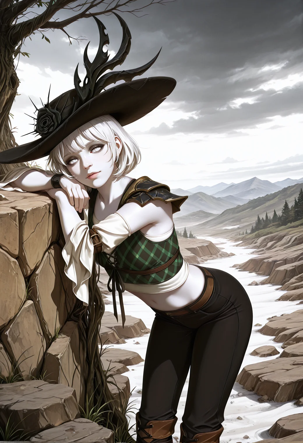 very awa, lineart, realistic, photo_(medium), [sei shoujo], [yoshiten], style parody, [bang dream!], [arcane: league of legends], [league of legends], (dynamic angle:1.3), (cowboy shot:1.2) BREAK 1girl, solo, <lora:Changeling:0.7> changeling, dark eyelids, white hair, bob cut hair with hat, white eyes, (white skin:1.2) muscular body, attractive figure, thin thighs, , perfect hands, matte lips, (affectionate), BREAK bard, wearing tartan laced (detailed green_blue and white cotton armor tankini top), flounce sleeves, black wide cuff pants, white sandals, BREAK medieval, fantasy, outdoors, detailed landscape, treeless tundra, rocks,rocks, standing, bent over, , crossed arms, against boulder, spring_(season), morning, soft light, long shadows, grey sky, overcast, cloudy sky,, cinematic lighting BREAK <lora:Expression_Detailer_Illustrious_Lora:0.7> <lora:BV_Style_Illu_Edition:0.8> BV-Illu
