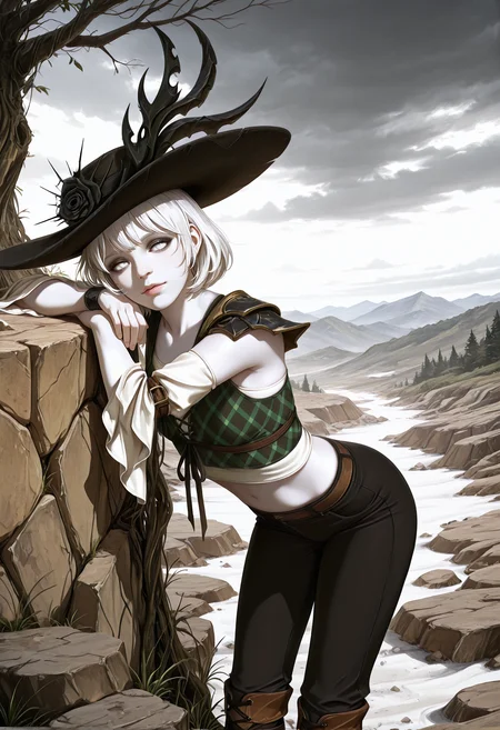 very awa, lineart, realistic, photo_(medium), [sei shoujo], [yoshiten], style parody, [bang dream!], [arcane: league of legends], [league of legends], (dynamic angle:1.3), (cowboy shot:1.2) BREAK 1girl, solo, <lora:Changeling:0.7> changeling, dark eyelids, white hair, bob cut hair with hat, white eyes, (white skin:1.2) muscular body, attractive figure, thin thighs, , perfect hands, matte lips, (affectionate), BREAK bard, wearing tartan laced (detailed green_blue and white cotton armor tankini top), flounce sleeves, black wide cuff pants, white sandals, BREAK medieval, fantasy, outdoors, detailed landscape, treeless tundra, rocks,rocks, standing, bent over, , crossed arms, against boulder, spring_(season), morning, soft light, long shadows, grey sky, overcast, cloudy sky,, cinematic lighting BREAK <lora:Expression_Detailer_Illustrious_Lora:0.7> <lora:BV_Style_Illu_Edition:0.8> BV-Illu