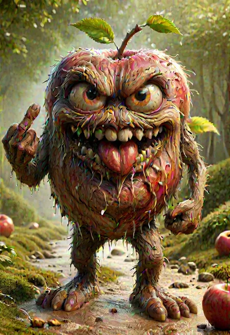 anthromuscular ,cradimerdo crocs,Create an ultra-high definition, photo-realistic image of a charming apple monster middle finger with cute, soulful eyes and soft, moustache. The background should feature a blurred, out-of-focus landscape to emphasize the monster as the main focus of the image. The lighting should be warm and inviting, casting a gentle glow on the monster and highlighting the rich colors of its flesh and clothing. Use a high-resolution camera with a fast shutter speed to capture every detail of the monster and its surroundings, ensuring a crisp, clear image that truly brings the monster to life. camera Nikon Z7 II with 24-70mm f/4 S lens.
<lora:MJ52:0.5> <lora:DetailedEyes_V3:1> <lora:SDXLFaeTastic2400:0.5>   <lora:anthromuscular:0.7> <lora:cradimerdo:0.5>   <lora:middle_finger:1>