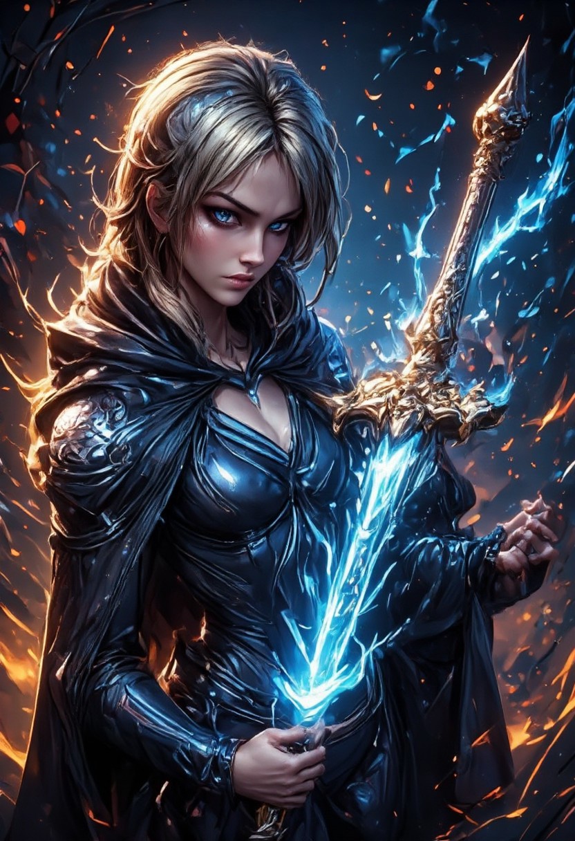 smooth, sharp, perfect composition, UHD, dark fantasy, retro filter, trending on artstation, detailed and ornate intricate masterwork sword imbued with a bright white glow that is very bright, hooded dark female mage, (focus on sword), female, <lora:FLUX - Model - soogsx:0.5>  <lora:FLUX - RealisticAnime_v2:0.7>  <lora:FLUX - Beauty In Evil ( hkevil ):0.4>