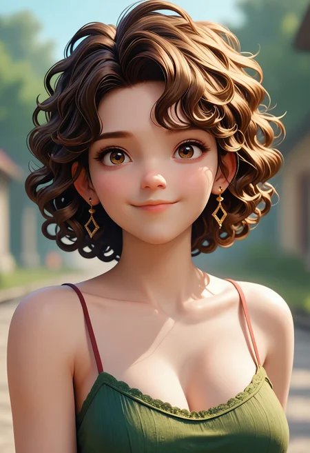 score_9,score_8_up,score_7_up, <lora:3d_render_pdxl_goofy:1>3d render, 1girl, brown hair, brown eyes, looking at viewer, blurry background, jewelry, earrings, smile, wavy hair, short hair, upper body, outdoors, green shirt, curly hair, lips,day, closed mouth, depth of field, sleeveless, spaghetti strap, large breasts,cleavage