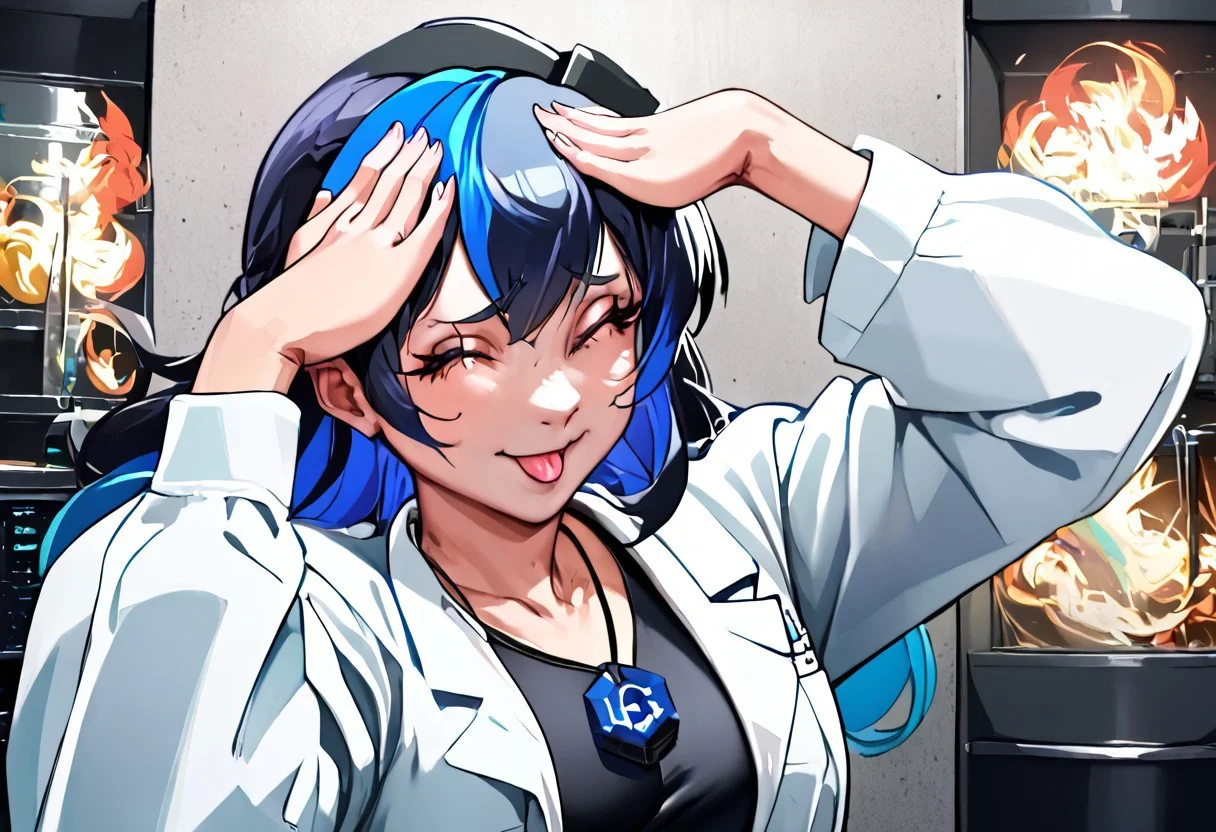 score_9, score_8_up, score_7_up, source_anime, (masterpiece, highres, best quality, 4k, very aesthetic), detailed background BREAK, ((nisegostyle, civitai-chan, 1girl, solo, solo focus, female only, AhEtoBlehMeme, closed eyes, tongue out, :p, hands on own head, smile)), (multicolored hair, black hair, blue hair, labcoat, shirt, single vertical stripe, black skirt, necklace) BREAK [SEP], ((server rack+, on fire++, servers on fire++, server room background+))