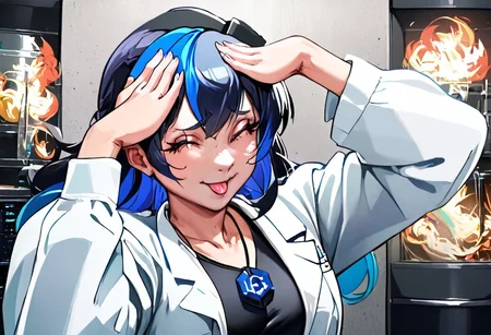 score_9, score_8_up, score_7_up, source_anime, (masterpiece, highres, best quality, 4k, very aesthetic), detailed background BREAK, ((nisegostyle, civitai-chan, 1girl, solo, solo focus, female only, AhEtoBlehMeme, closed eyes, tongue out, :p, hands on own head, smile)), (multicolored hair, black hair, blue hair, labcoat, shirt, single vertical stripe, black skirt, necklace) BREAK [SEP], ((server rack+, on fire++, servers on fire++, server room background+))