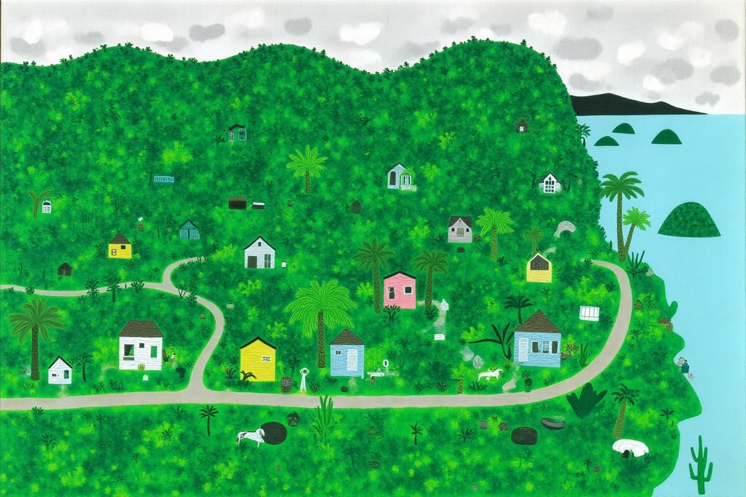 dorislee1 painting.
A lush tropical coastal town with a densely forested hillside dotted with numerous small, colorful houses. The hillside is rich green, with different shades blending together. The houses are white, yellow, pink, and light blue, with some having thatched roofs.
There is a sea on the right.
 <lora:dorislee1_cap_d6a3:1.0><lora:834816547408225133:0>