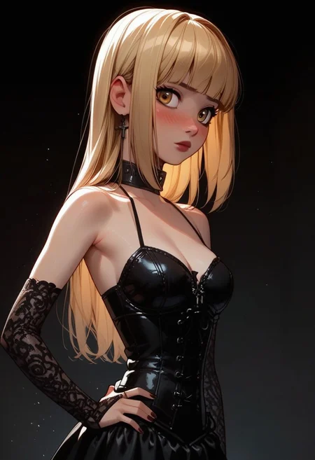 masterpiece,best quality, highly detailed, score_9, score_8_up, score_7_up, score_6_up,source_anime, BREAK, 1girl, misa amane, blonde, blunt bangs, bangs, brown eyes, slim body, perfect body, blush, pose, perfect ratio proportioned face, perfect waist to hip ratio, perfect female body, glossy skin, choker, medium breasts,cross collar, long hair, dress, black dress, choker, elbow gloves, brown, baresholders, gothic, corset, thight straps, misa_outfit_5,