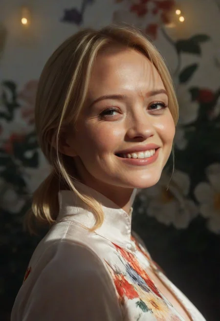 Guinwen, a young blonde woman, smiling, wearing a white blouse, floral background, cinematic lighting