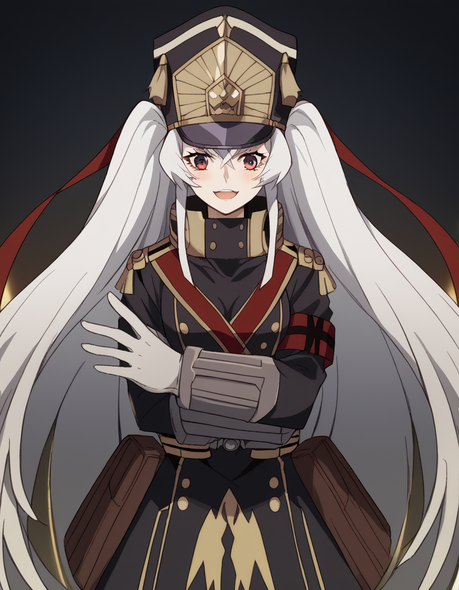 score_9, score_8_up, score_7_up, source_anime, <lora:recreators-altair-s1-ponyxl-lora-nochekaiser:1>, altair, long hair, red eyes, very long hair, white hair, medium breasts,, gloves, hat, uniform, military, military uniform, shako cap,, home office, working from home, computer screen, coffee cup, focus, deadline, smile, <lora:x-arms-ponyxl-lora-nochekaiser:1>, x arms, blush, open mouth, leaning forward,, looking at viewer, solo,, dutch angle, cowboy shot