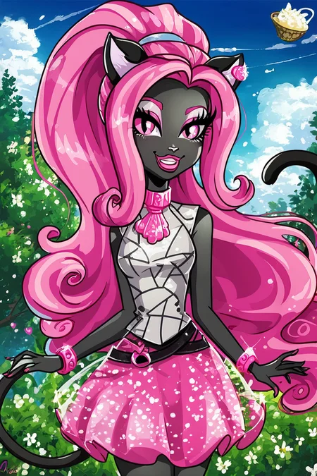 score_9, score_8_up, score_8, medium breasts, (curvy), cute, eyelashes, ,,, , ,,, zzCattyNoir, pink eyes, pink eyeshadow, long hair, pink hair, ponytail, tail, very long hair, black skin, cat ears, cat tail, makeup, sleeveless, pink skirt, idol, jewelry, eyeshadow, high heels, lipstick, <lora:CattyNoir_MH_PDXL:1.0>, ,,,, BREAK, smile, looking at viewer, cowboy shot, ,,, outdoors, sky, day, cloud, tree, blue sky, sunny, ,,, Expressiveh, ,,, <lora:Alola_Style_PDXL:0.8>, <lora:Expressive_H-000001:0.4>,