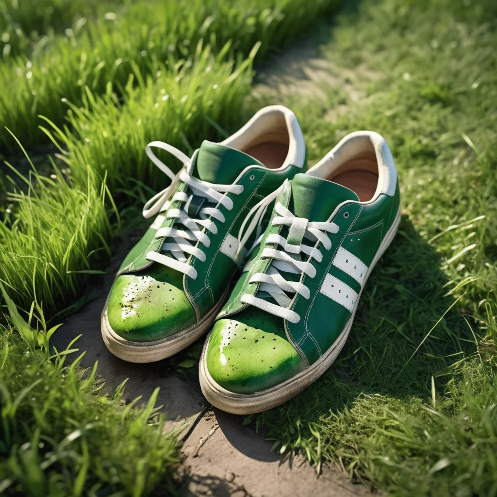 high quality photo of green grass stained sneaks, dirty shoes, grass stained shoes, macro, mowed grass, front yard, cut grass clippings, photorealistic, extremely detailed, cinematic lighting,