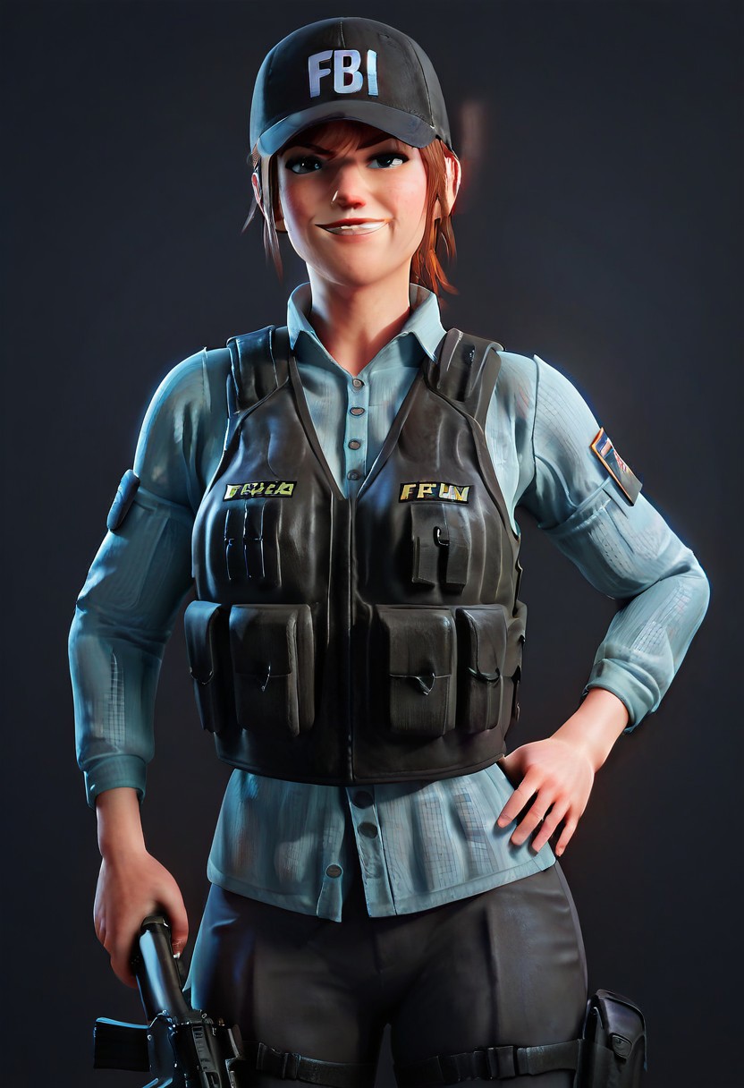 (Score_9, Score_8_Up, Score_7_Up, Score_6_Up),
(3d, Scraggy, High-Detail, High Resolution, Solo),
(Ash, Bulletproof Vest, Hat, Holding Weapon, Assault Rifle, Hat with the word "FBI" on the front, Baseball Hat, FBI Hat)
(Eye Contact, Smug, Smirk, Hand On Hip)