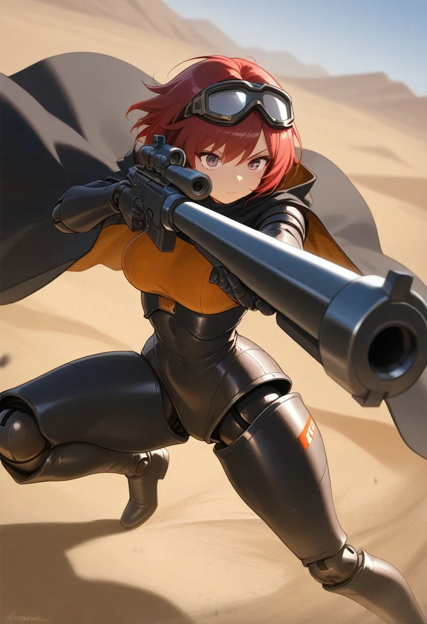 masterpiece, best quality,high quality, newest, highres,8K,HDR,absurdres, 1girl, solo, action shot, aiming, holding gun, goggles, cloak, motion-blur, desert, sand dust, trajectory, maneuver, oil film, film grain , dynamic pose, intense lighting, detailed background, depth of field, dynamic composition, foreshortening, detailed background, dynamic pose, dynamic composition,dutch angle, detailed backgroud,foreshortening,blurry edges,, se_doll_joints