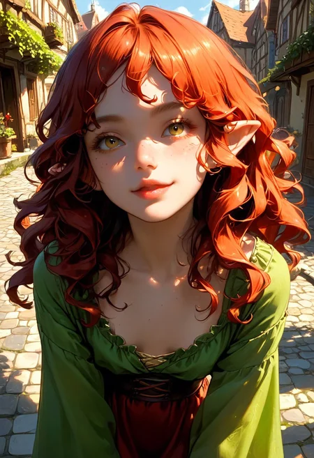 score_9, score_8_up, score_7_up, 1girl, goblin, short, dark green skin,  solo female focus, large pointed ears. skinny, wild red hair, long hair, loose curly hair, green skin, freckles, Freckled ass, beautiful yellow eyes, small breasts, brown loin cloth, cloth chest wrap. Pouting lips. Blushing, cute smile, expression. Looking up at viewer. View from above.  Winking,  blowing kiss,  
Medieval town street. Bright sunny day