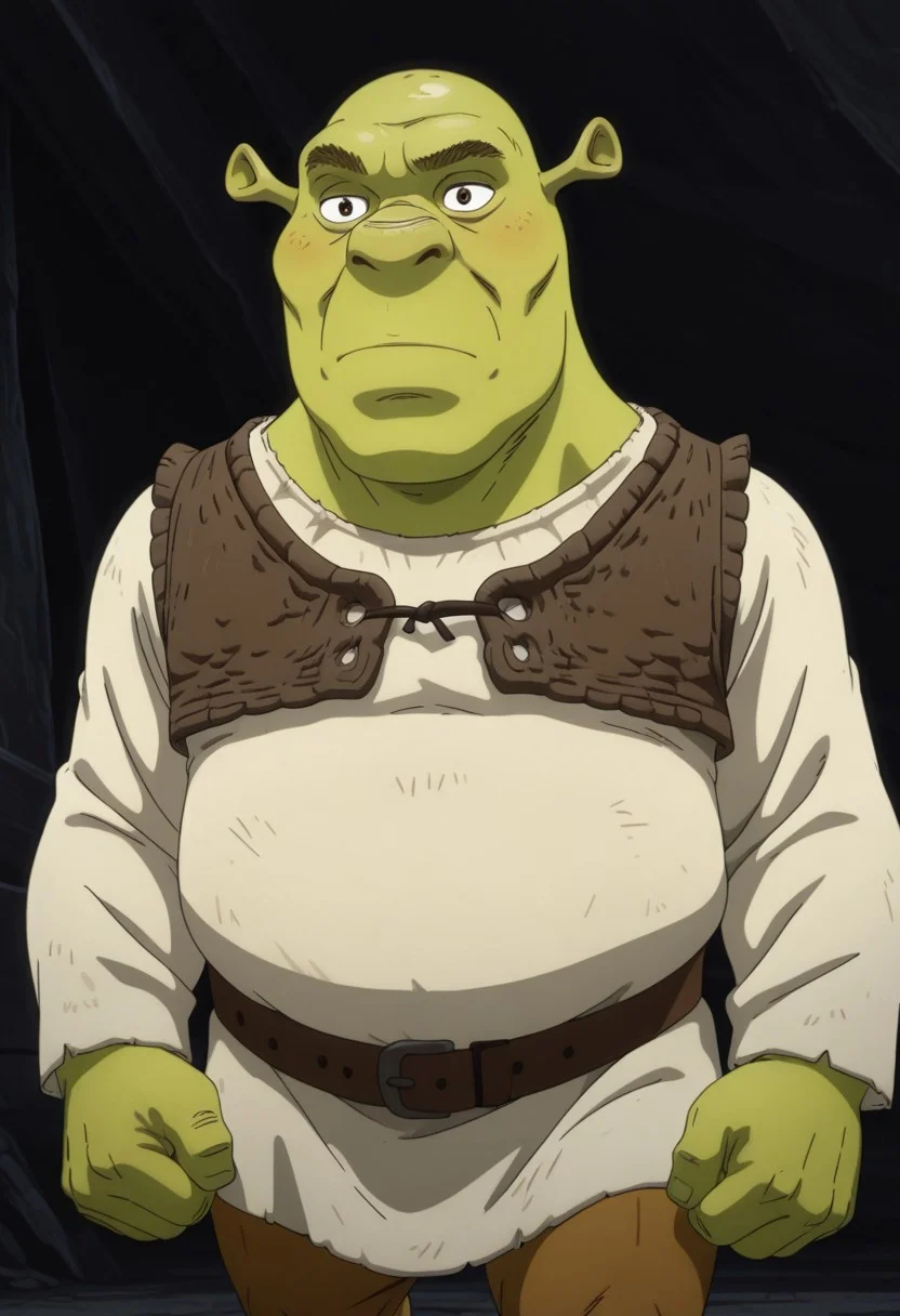 masterpiece, best quality, newest, absurdres, highres, anime, anime style, Vinlandsagastyle-IL.V1.0 1boy, shrek, bald, green skin, brown vest, white shirt, brown belt, pants