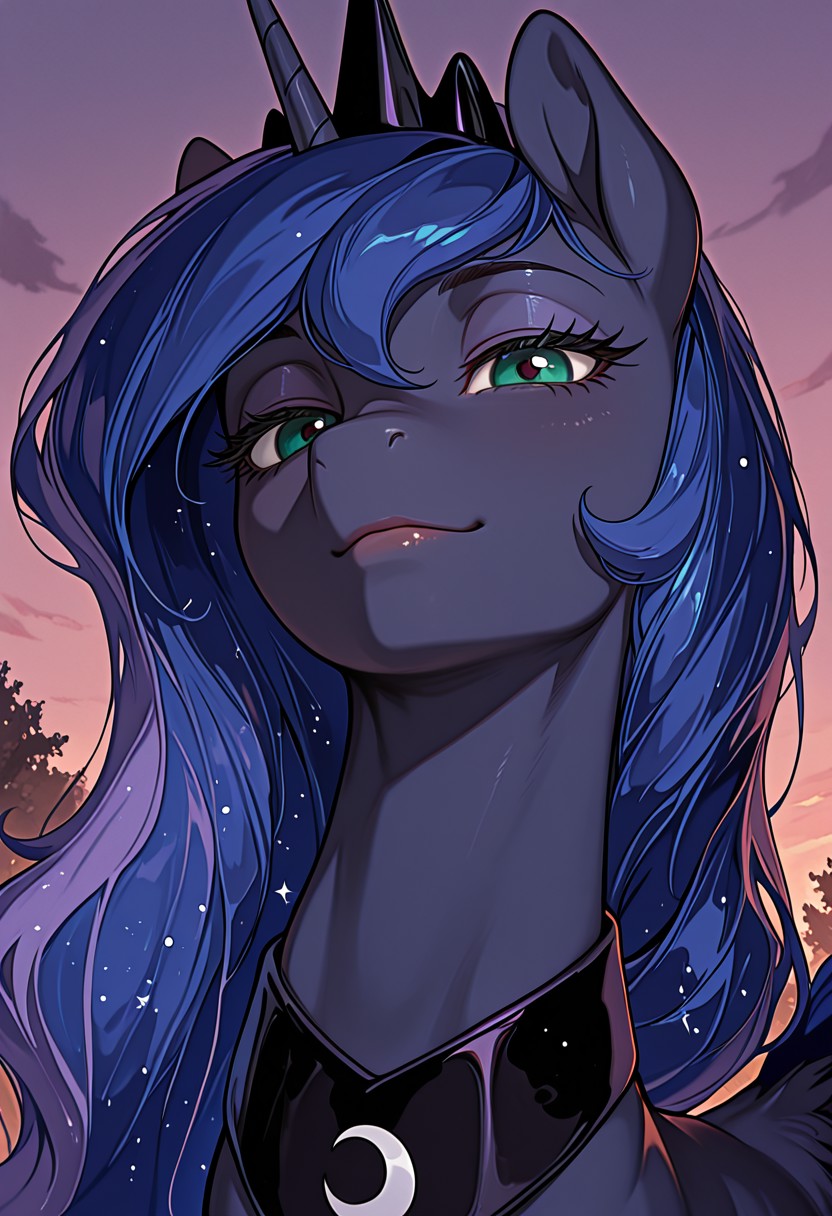masterpiece, best quality, amazing quality, very aesthetic, absurdres, newest, solo. pony, mare, N1j1, Princess Luna,  Princess Luna is an alicorn, her body is the dark blue of the night sky,  Her mane and tail are long and wavy, Her eyes are green,  She wears a crescent-shaped ornament on her neck, and a crown on her head, sassy_expression,  arrogant face, moody_atmosphere, arrogant_facial_expression, outdoors, dusk, moon_behind, slightly_close_up, maybe_face_focus, red_dot_in_eyes