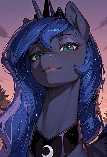 masterpiece, best quality, amazing quality, very aesthetic, absurdres, newest, solo. pony, mare, N1j1, Princess Luna,  Princess Luna is an alicorn, her body is the dark blue of the night sky,  Her mane and tail are long and wavy, Her eyes are green,  She wears a crescent-shaped ornament on her neck, and a crown on her head, sassy_expression,  arrogant face, moody_atmosphere, arrogant_facial_expression, outdoors, dusk, moon_behind, slightly_close_up, maybe_face_focus, red_dot_in_eyes