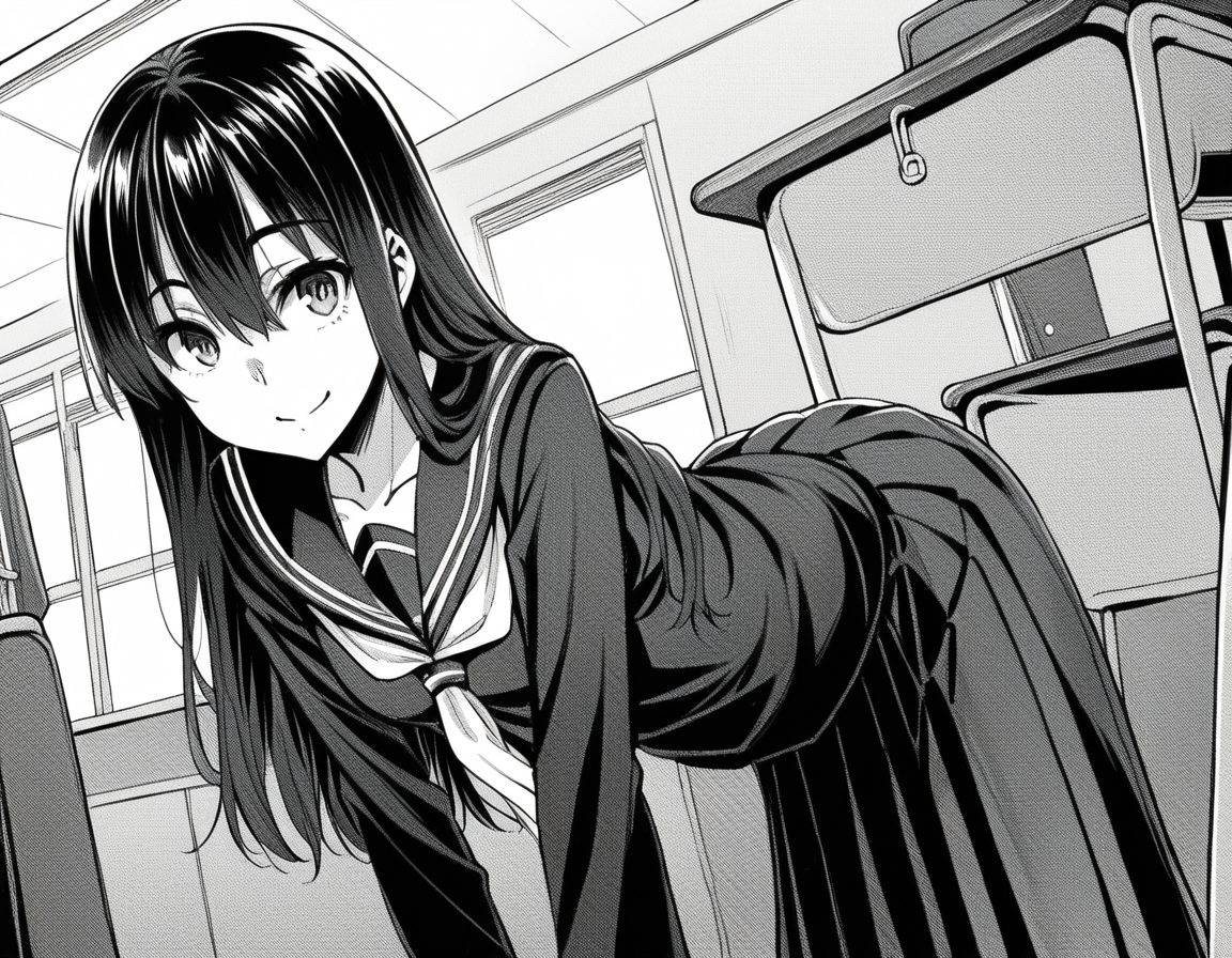 score_9, score_8_up, score_7_up, source_anime,
sakiyoshida, <lora:saki-yoshida-manga-ponyxl-lora-nochekaiser:1>,
saki yoshida, long hair, hair between eyes, monochrome, greyscale,
black hair, skirt, pleated skirt, serafuku, shirt, long sleeves, long skirt, sailor collar, neckerchief, black shirt,
indoors, classroom, bent over, smile,
looking at viewer, solo, dutch angle, cowboy shot,