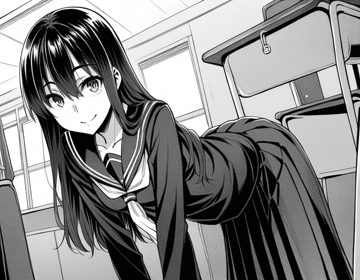 score_9, score_8_up, score_7_up, source_anime,
sakiyoshida, <lora:saki-yoshida-manga-ponyxl-lora-nochekaiser:1>,
saki yoshida, long hair, hair between eyes, monochrome, greyscale,
black hair, skirt, pleated skirt, serafuku, shirt, long sleeves, long skirt, sailor collar, neckerchief, black shirt,
indoors, classroom, bent over, smile,
looking at viewer, solo, dutch angle, cowboy shot,