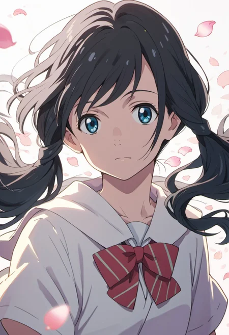 score_9, score_8_up, score_7_up, source_anime,amano hina, black hair, long hair, low twintails, blue eyes, 1girl, solo, twintails, school uniform, anime coloring, petals, wind, looking at viewer, bow, upper body