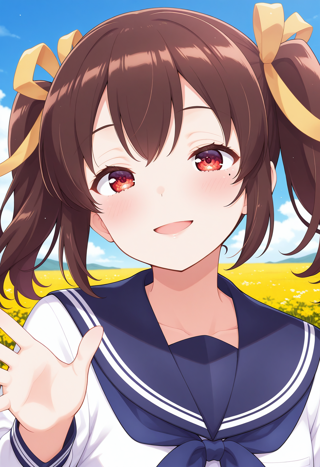 1girl, solo, (field:1.2), (blue sky:1.2), looking at viewer, smile, 
nakano_chisame, (mole under eye:0.5), red eyes, brown hair, twintails, hair ribbon, yellow ribbon, school uniform, serafuku, white shirt, long sleeves, blue sailor collar, <lora:nakano_chisame_illustrious_ver1:0.8>, masterpiece, best quality, general,, (upper body:1.2), (close-up:1.2), (facing viewer:1.2), (open eyes:1.4), (portrait:1.2)