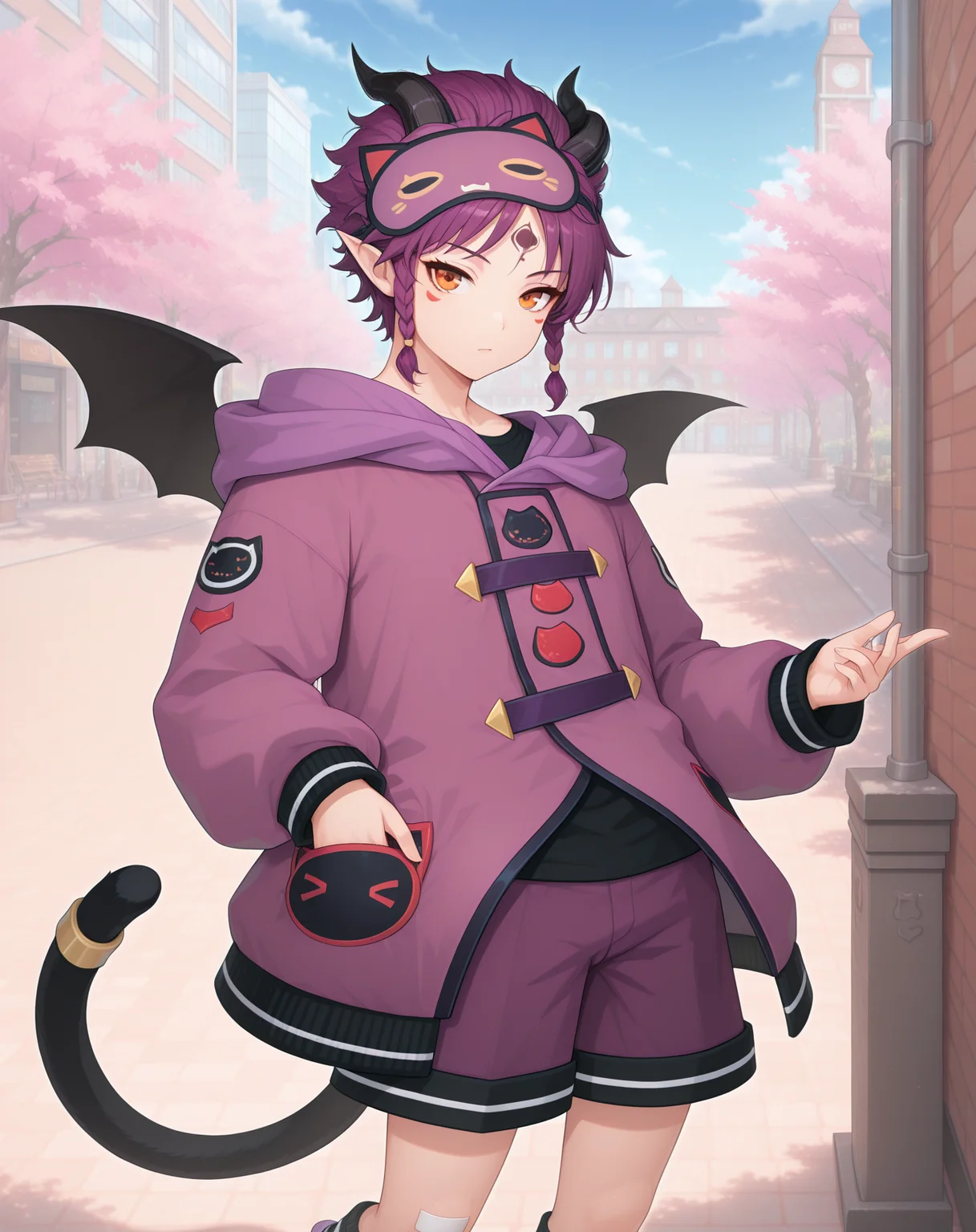masterpiece, amazing quality, best quality, absurdres, very aesthetic,
1boy, solo, yaoi, male focus, cowboy shot, upper body, looking at viewer, face focus,
<lora:Veigas_Dream_Cat_ilxl:1> veigasdreamcat, demon tail, purple hair,pointy ears, demon horns, black wings, short hair, orange eyes, demon wings, bat wings, black horns, facial mark, sidelocks, cat tail, forehead mark,
purple shorts, animal slippers, sleep mask, purple footwear, loose socks, hood down, long sleeves, purple jacket, bandaid on leg, braid, mask on head, black shirt, twin braids, hooded jacket, bandaid on knee, black socks, purple socks, background, striped socks, asymmetrical footwear, jewelry, hand in pocket,
outdoors, day, blue sky,