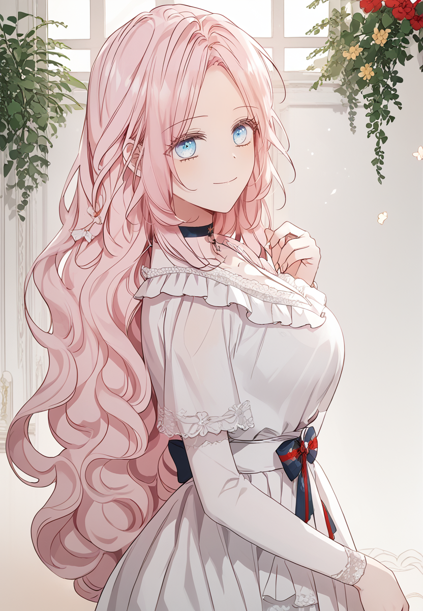 zPDXL3, score_9_up, score_8_up, score_7_up, (Anime_source),Masterpiece,(perfect female body:1.2), small waist,(incredibly detailed:1.4), slim, beautiful fingers, beautiful white skin, Beautiful clear skin, (large breasts:1.4)  thighs, looking at viewer, from side, from above, big breasts, ass, perfect ass, looking back,  <lora:Yerenica_Lebovny_-_Seduce_the_Villains_Father-Kaleid-PONY:1> yerenicalebovny, 1girl, pink hair, blue eyes, long hair, large breasts, parted bangs, smile,  closed mouth, choker, bow, white dress
