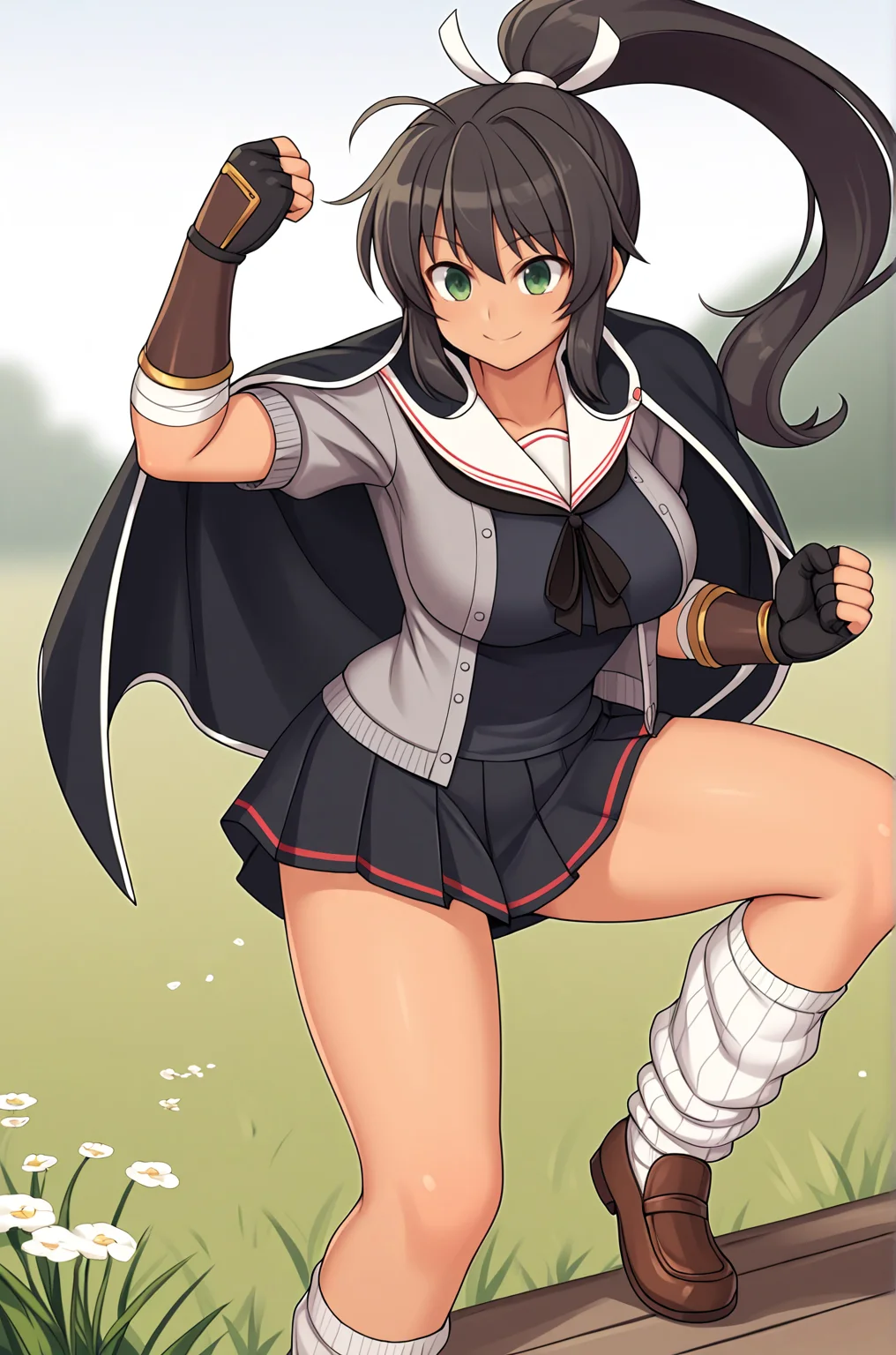 anime artwork, score_9, score_8_up, score_7_up, score_6_up, score_5_up, score_4_up, source_anime, BREAK, thick outline, fat outline,
Homura_XL, very long hair, black hair, green eyes, hair ribbon, ponytail, large breasts, tan, BREAK, homura_shinobi_outfit, unbuttoned gray cardigan, cape, bandages, white sailor collar, loafers, loose socks, dress, arm guards, BREAK, fighting pose, field,
<lora:Homura_XL:0.7>
<lora:PersonalAmi_PonyXL:1.0>
