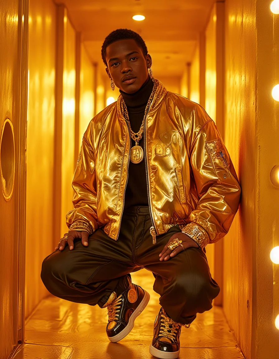 A photorealistic, high-fashion editorial photograph drenched in the bling aesthetic of the Mushroom Kingdom Fashion style, inspired by Gold Coins and wealth. A confident male model exudes swagger, posing within a sleek, abstract environment of glowing gold geometric panels, reminiscent of a futuristic vault. He wears a luxurious, oversized bomber jacket crafted from gleaming gold metallic fabric, subtly embossed with oversized coin motifs. Beneath it is a simple black cashmere turtleneck. His trousers are impeccably tailored black satin. The look is heavily accessorized with multiple thick, layered gold rope chains, several chunky gold sovereign rings flashing on his fingers, and perhaps a subtle gold grill. His footwear consists of high-top black sneakers customized with large, prominent gold coin emblems. Lighting is sharp and dramatic, casting brilliant highlights off the excessive gold jewelry and metallic fabrics. Opulent, luxurious swagger, ultra-detailed textures, sharp focus, 8K.
<lora:mushroom-kingdom-fashion-flux:1>