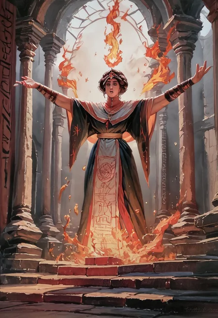 score_9, score_8_up, score_7_up, score_6_up, score_5_up, score_4_up, painterly, faux traditional media, realistic,
Oil painting, ancient priestess in bronze age temple, wrapped in flames, burning clothes, controlling fire, from the front, a sacrifice to the gods, in front of large fire, conflagration, sweat running down over her face, high contrast shadowing, outstretched arms, proud, preaching to the masses, holding fire in her hands, Summoning a fire deity, inferno, detailed, detailed texture, a masterpiece