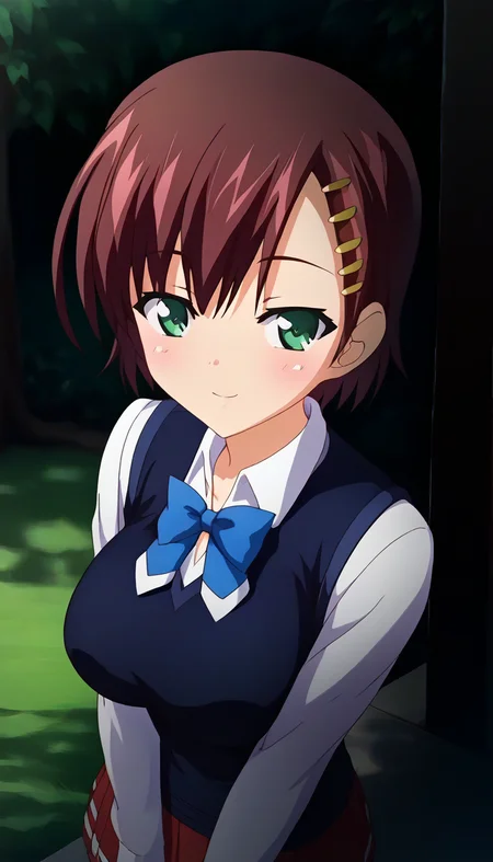 score_9,score_8_up,score_7_up,score_6_up BREAK official art,solo,outdoors,upper body,(portrait:1.5),looking at viewer,facing viewer,smile,blush,Sana Kuranaka,short hair,brown hair,hair ornament,hairclip,side swept bangs,green eyes,school uniform,sweater vest,black vest,blue bowtie,white shirt,collared shirt,large breasts,skindentation,long sleeves,microskirt,red skirt,pleated skirt,black socks,loafers,<lora:Sana Kuranaka(oc)-Pony:1.8>,