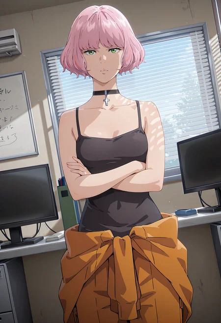 best quality, amazing quality, perfect quality, high quality, masterpiece, absolutely eye-catching BREAK
<lora:Bullbuster_-_Arumi_Nikaidou:1> BullArumi, green eyes, pink hair, short hair, bob cut, bangs BREAK
black cross choker, black tank top, orange jumpsuit, clothes around waist BREAK
indoors, whiteboard, multiple monitors, window, window blinds, sunbeam, dappled sunlight BREAK
1girl, solo, standing, crossed arms, looking at viewer, dutch angle, cowboy shot