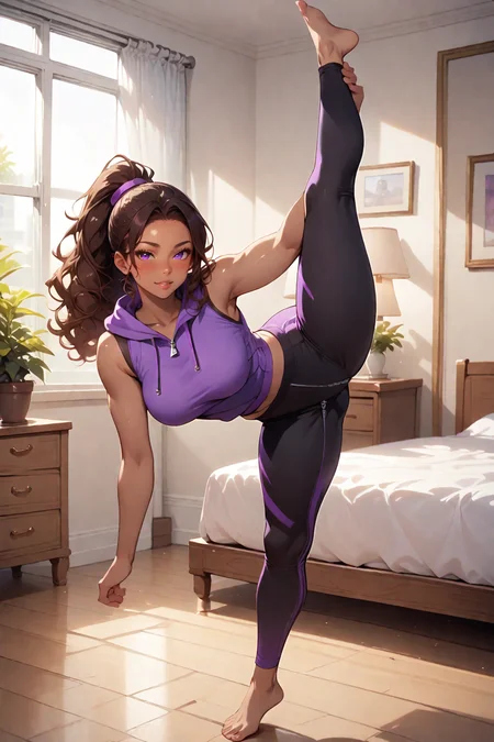 score_9, score_8_up, score_7_up, anime style, Selena_Gorekki, zipper hoodie, sleeveless, yoga pants, purple details, standing, bedroom, mirror, standing split, barefoot <lora:Selena_Gorekki_Pony_2:1>