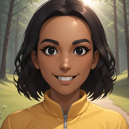 score_9, score_8, BREAK, solo, wii, mii, wii sports, 1girl, female mii, black hair, dark skin, black eyes, dot eyes, black eyebrows, small nose, blush, buck tooth, yellow clothing, white pants, shoes, cute, nintendo mii, modern_mii, classic_mii, breasts, faustine_(\wii_sports_club\), sexy pose, smile, outdoors, sunlight, shadows, evening lighting, natural lighting, forest, trees, grass, orange sky, sunset