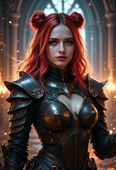 2D screenshot closeup picture showcasing the beauty of skinny 1girl paladin conjuring up many spheres of fire. She has wavy red twin-buns hair with dark roots and goth makeup featuring shades of crimson and bold eyeliner with glossy lipstick, wearing cursed ribcage knight armor with symbols. Set in an intricate cathedral environment where a dark ritual is performed, whispering winds, mysterious atmosphere. With soft prismatic, rainbow-lighting,, very aesthetic <lora:flux_skinny_slider>