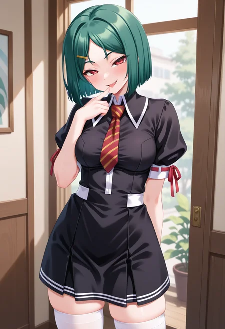 masterpiece, best quality, amazing quality, absurdres, 1girl, solo, cowboy shot, misaoww, red eyes, green hair, medium hair, bob cut, parted bangs, hairclip, medium breasts, red striped necktie, black school dress, puffy short sleeves, zettai ryouiki, white thighhighs, looking at viewer, naughty face, indoors, day, skindentation, detailed clothing folds, depth of field, sharp, high contrast, dynamic light <lora:Kiryuu_Misao_Otome_Chibaku_Yuug_ill:0.8>
