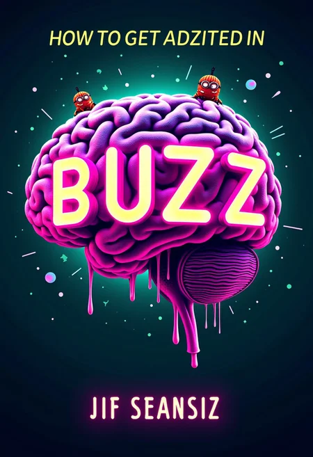 The phrase “How to get addicted in BUZZ”, written in neon lights, with a bloody brain (in green and purple) behind in the background, holographic effects, text focus. There are some creatures living in the brain, they look like minions, in blood format, coming from glitchs and gaps of the sick bloody brain. Its artistic, not disgusting. It is a book cover, best seller.